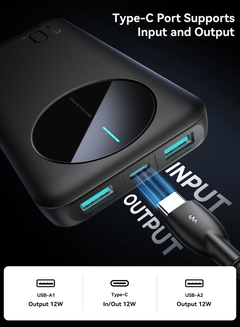 ,JR-PBF12 LED Power Bank – 12 W USB‑C Pd & Dual 2.4 A USB‑A Outputs, Led Battery Display, Ultra-Slim Fireproof Design, Triple‑Device Fast Charging - Black