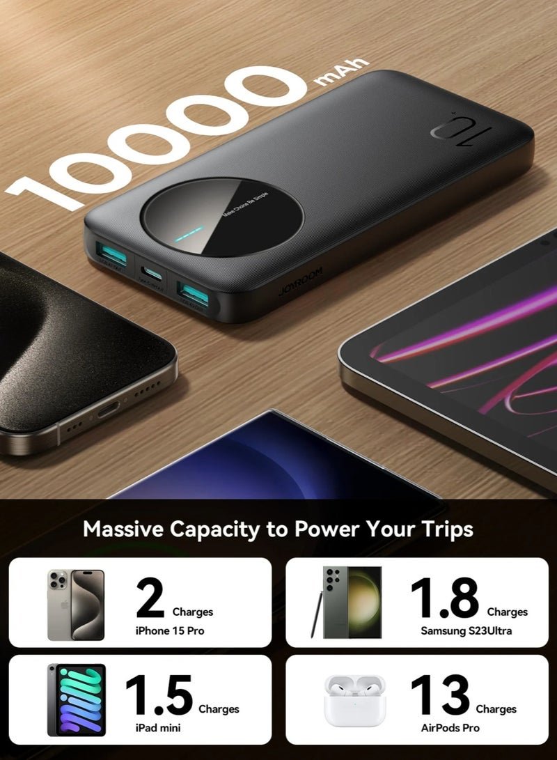 ,JR-PBF12 LED Power Bank – 12 W USB‑C Pd & Dual 2.4 A USB‑A Outputs, Led Battery Display, Ultra-Slim Fireproof Design, Triple‑Device Fast Charging - Black