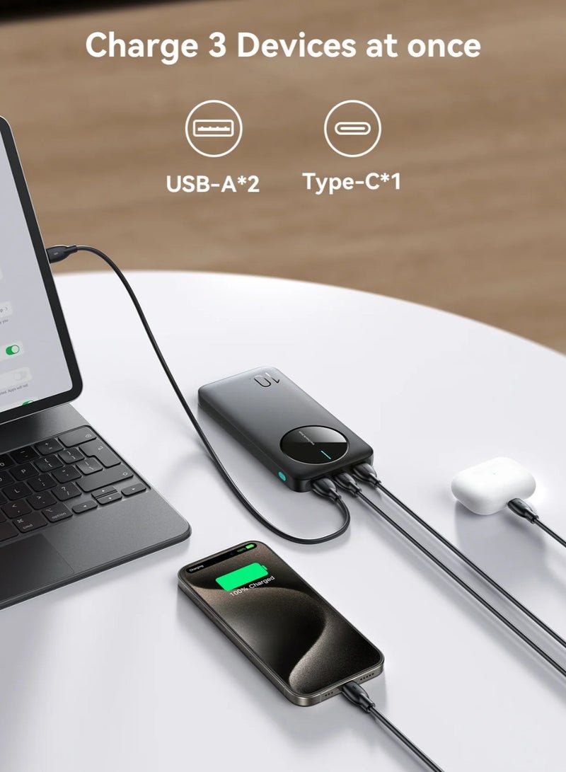 ,JR-PBF12 LED Power Bank – 12 W USB‑C Pd & Dual 2.4 A USB‑A Outputs, Led Battery Display, Ultra-Slim Fireproof Design, Triple‑Device Fast Charging - Black