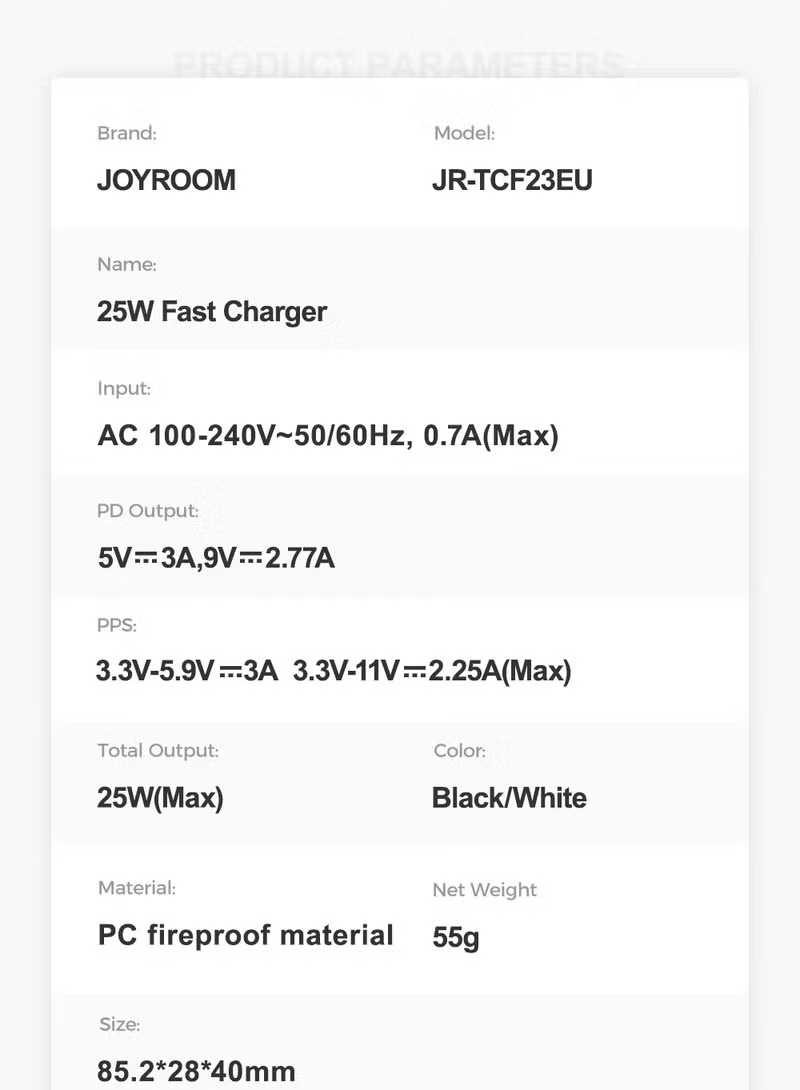 Joyroom TCF23 25W Charger with C to C Cable 1m Black
