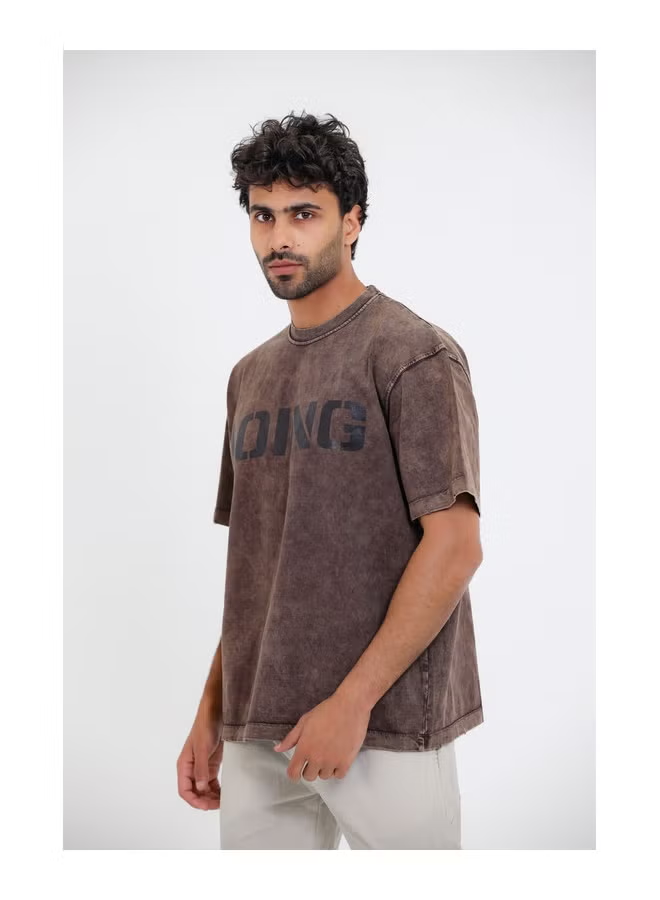 Chest Printed Cotton T-Shirt - Brown
