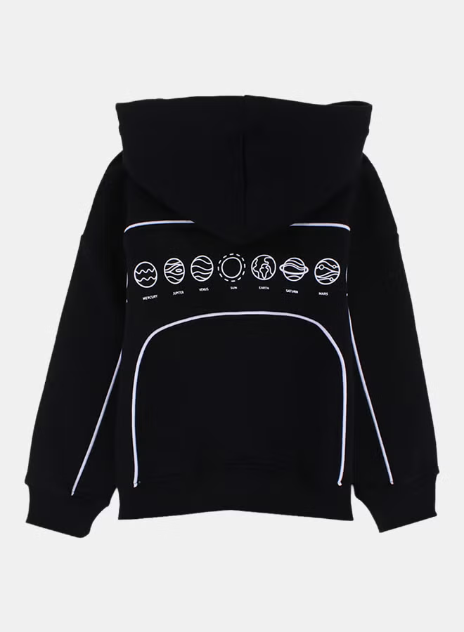Boys Cotton Hoodie – Black with "Outer Space" Print