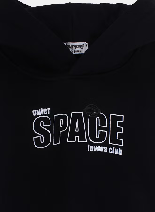 Boys Cotton Hoodie – Black with "Outer Space" Print