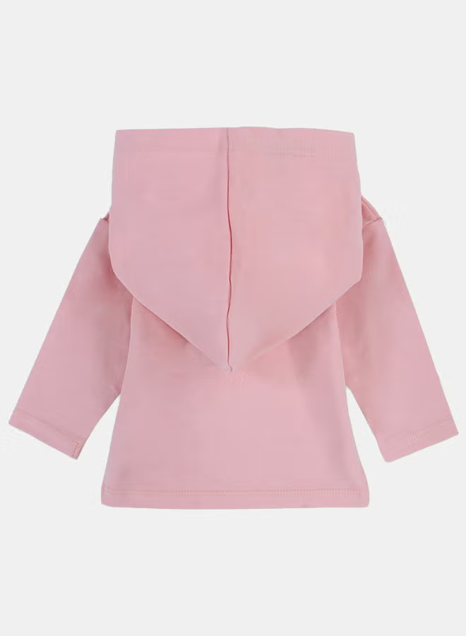 Baby Girls Cotton Hooded T-Shirt – Salmon with "Always Happy" Dog Print