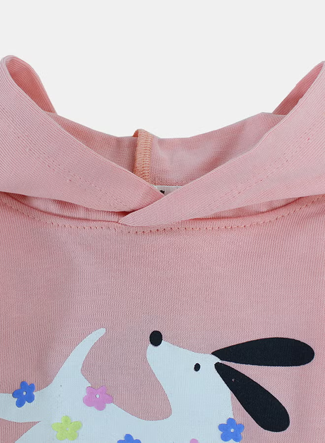 Baby Girls Cotton Hooded T-Shirt – Salmon with "Always Happy" Dog Print