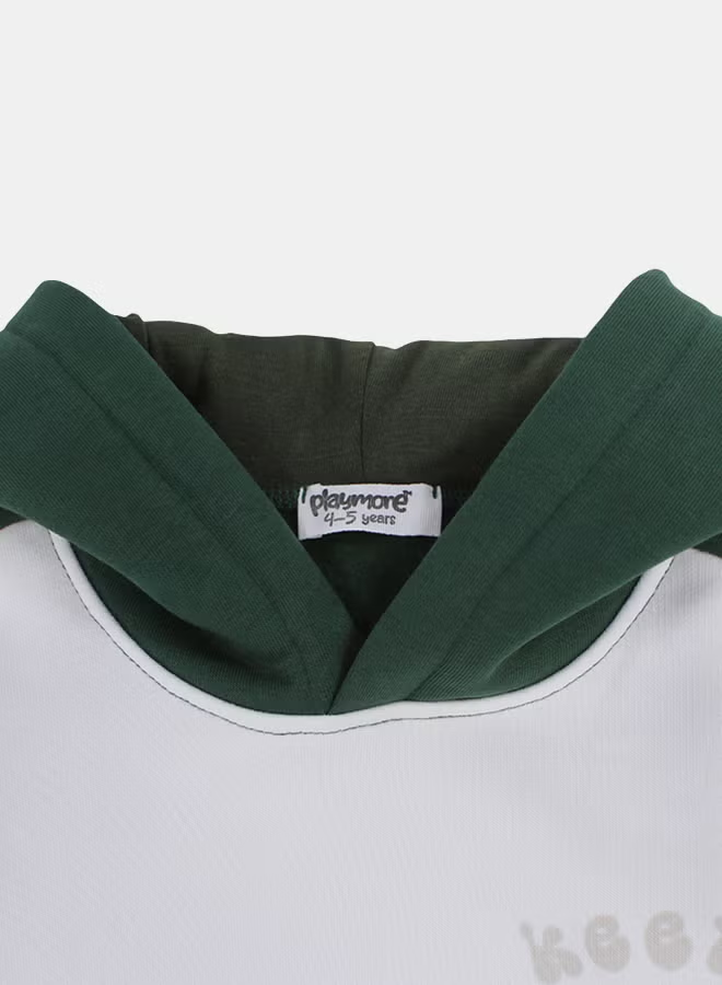 Boys Cotton Hoodie – Off-Wihte & Olive with "Keep on Playing" Print