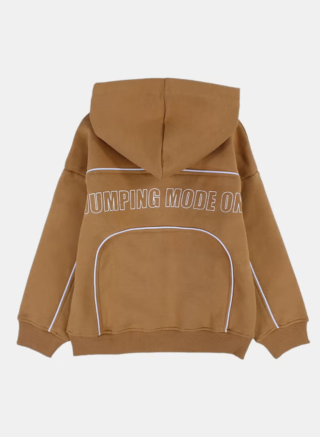 Boys Cotton Hoodie – Camel with "Jumping Mode On" Print