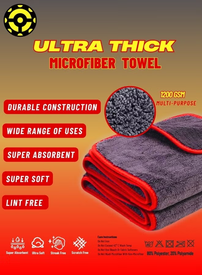 Ionic Ultra Thick Microfiber Towel - 1200 grams per square meter - Ultra absorbent, lint-free and scratch-free - Multi-purpose - For car, home and office - Gray - (40*40cm)